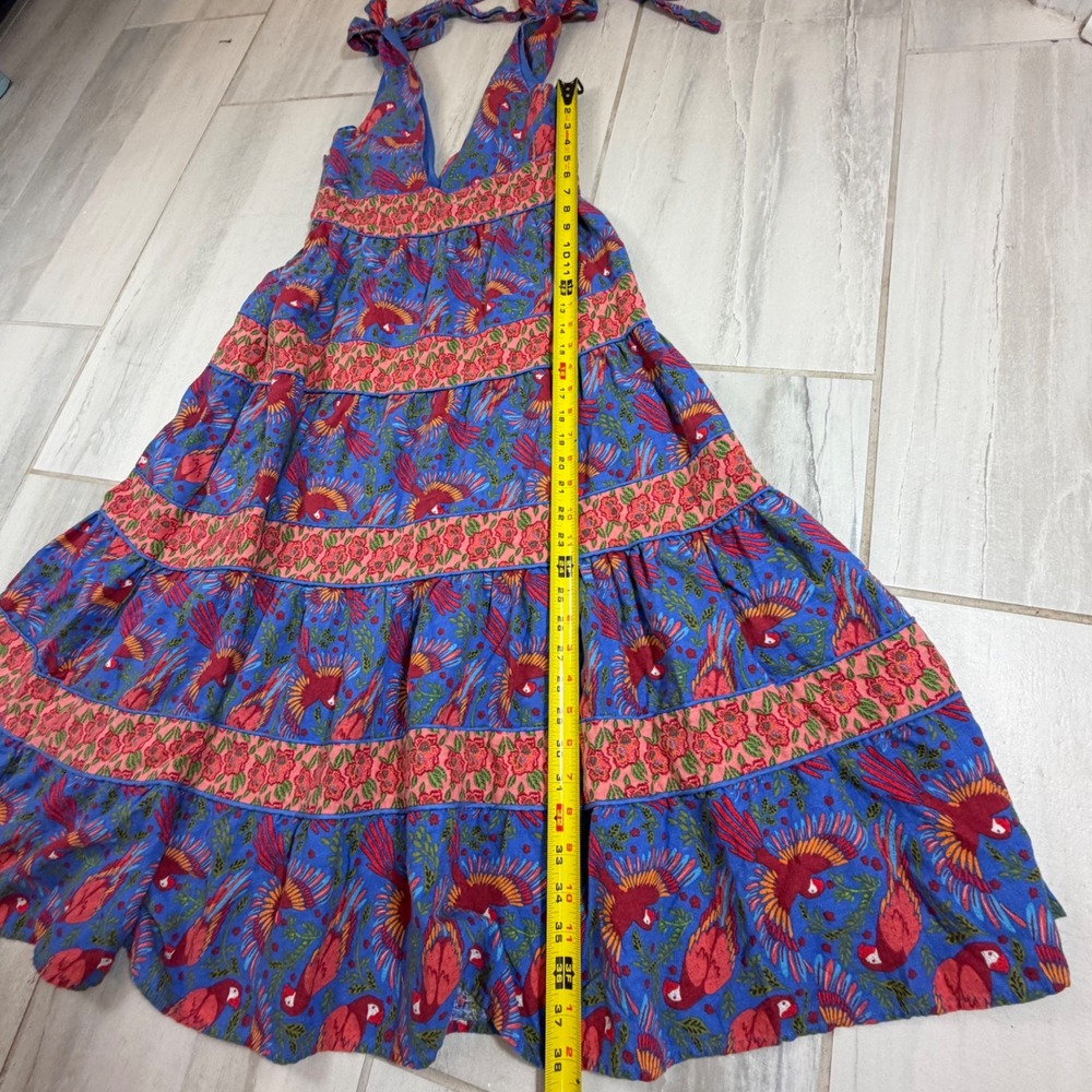 House of Harlow 1960 Blue Parrot Print Tiered Linen Blend Midi Dress Small - Picture 9 of 9